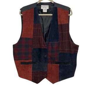 Brandon Thomas Patchwork Leather Suede Plaid Vest 2X Button Front‎ Western Style